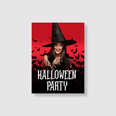 Image showing Young woman in hat as a witch on scary red background