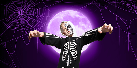 Image showing Little kid like vampire with bones on purple background with big moon