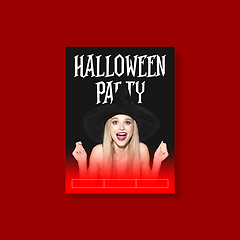 Image showing Young woman in hat as a witch on scary red background