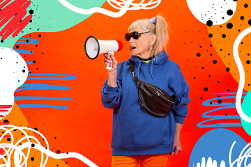 Image showing Senior hipster woman using devices, gadgets. Tech and joyful elderly lifestyle concept. Bright illustrated background