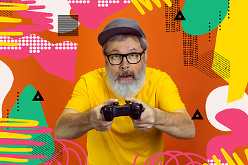 Image showing Senior hipster man using devices, gadgets. Tech and joyful elderly lifestyle concept. Bright illustrated background