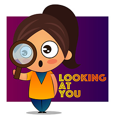 Image showing Girl with brown ponytail is looking at you through a magnifying 