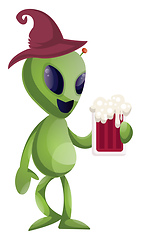Image showing Alien with beer, illustration, vector on white background.