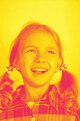 Image showing Close up portrait of caucasian girl isolated on studio background. Modern and trendy duotone effect