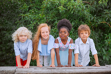 Image showing Interracial group of kids, girls and boys playing together at the park in summer day