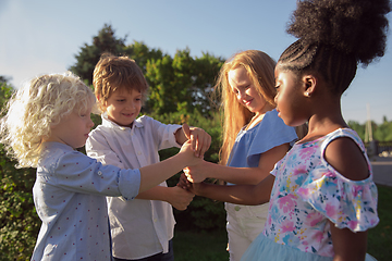 Image showing Interracial group of kids, girls and boys playing together at the park in summer day