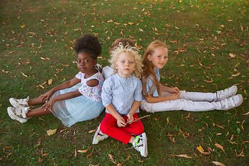 Image showing Interracial group of kids, girls and boys playing together at the park in summer day