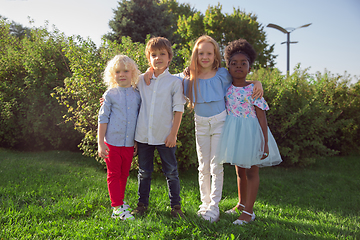 Image showing Interracial group of kids, girls and boys playing together at the park in summer day