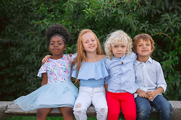 Image showing Interracial group of kids, girls and boys playing together at the park in summer day