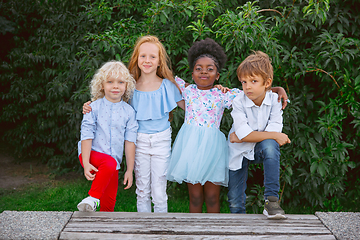 Image showing Interracial group of kids, girls and boys playing together at the park in summer day