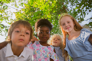 Image showing Interracial group of kids, girls and boys playing together at the park in summer day