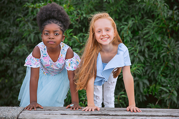 Image showing Interracial kids, friends, girls playing together at the park in summer day