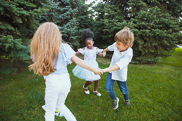 Image showing Interracial group of kids, girls and boys playing together at the park in summer day