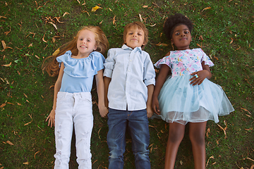 Image showing Interracial group of kids, girls and boys playing together at the park in summer day