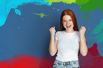 Image showing Caucasian teens girl portrait isolated on bright, modern illustrated background.