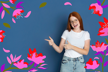 Image showing Caucasian teens girl portrait isolated on bright, modern illustrated background.