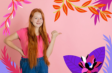 Image showing Caucasian teens girl portrait isolated on bright, modern illustrated background.