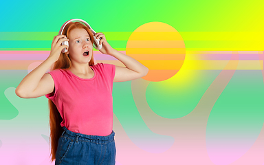 Image showing Caucasian teens girl portrait isolated on bright, modern illustrated background.