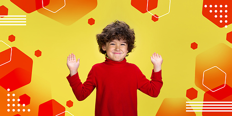 Image showing Caucasian boy portrait isolated on bright, modern illustrated background.