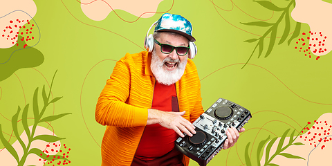 Image showing Senior hipster man using devices, gadgets. Tech and joyful elderly lifestyle concept. Bright illustrated background