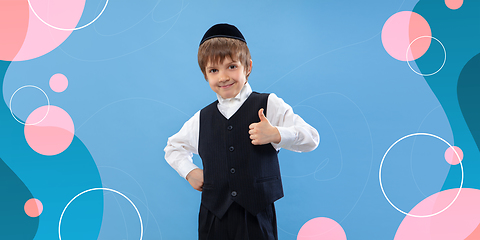 Image showing Jewish boy portrait isolated on bright, modern illustrated background.