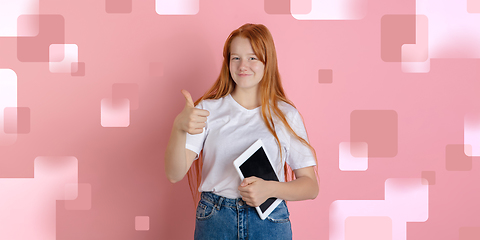 Image showing Caucasian teens girl portrait isolated on bright, modern illustrated background.