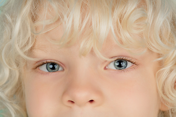 Image showing Portrait of beautiful caucasian little boy isolated on blue studio background