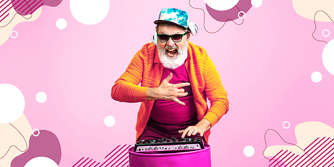 Image showing Senior hipster man using devices, gadgets. Tech and joyful elderly lifestyle concept. Bright illustrated background