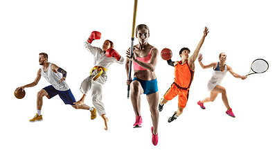 Image showing Collage of different sportsmen, fit men and women in action and motion isolated on white background