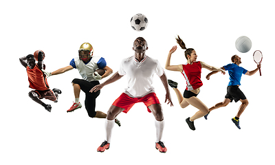 Image showing Collage of different sportsmen, fit men and women in action and motion isolated on white background