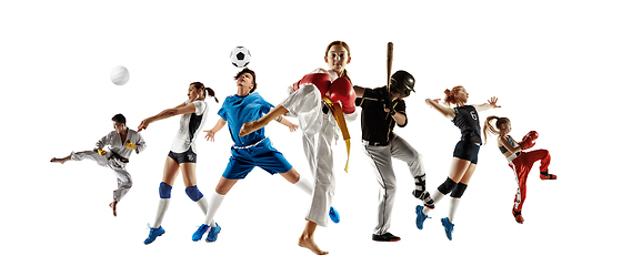 Image showing Collage of different sportsmen, fit men and women in action and motion isolated on white background