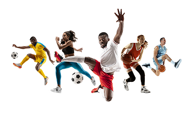 Image showing Collage of different sportsmen, fit men and women in action and motion isolated on white background