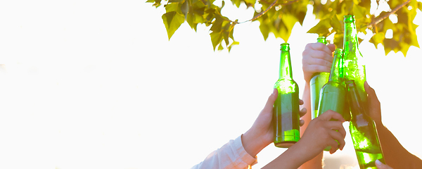 Image showing Hands of young friends, colleagues during beer drinking, having fun, laughting and celebrating together. Flyer with copyspace