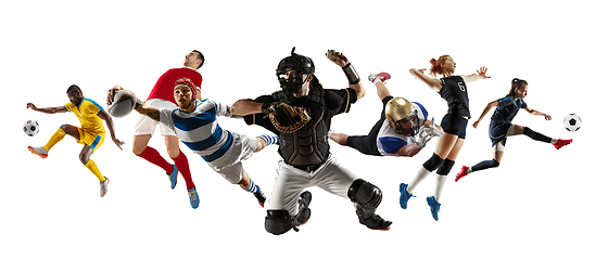 Image showing Collage of different sportsmen, fit men and women in action and motion isolated on white background