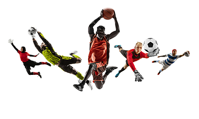 Image showing Collage of different sportsmen, fit men and women in action and motion isolated on white background