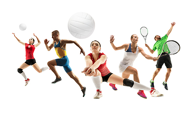 Image showing Collage of different sportsmen, fit men and women in action and motion isolated on white background