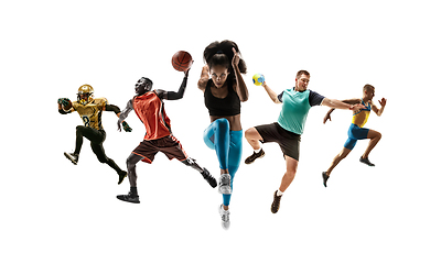 Image showing Collage of different sportsmen, fit men and women in action and motion isolated on white background