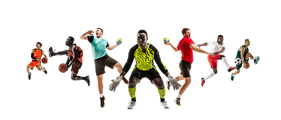 Image showing Collage of different sportsmen, fit men and women in action and motion isolated on white background