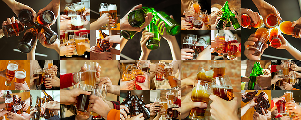 Image showing Collage of hands of young friends, colleagues during beer drinking, having fun, laughting and celebrating together. Collage, design