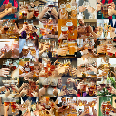 Image showing Collage of hands of young friends, colleagues during beer drinking, having fun, laughting and celebrating together. Collage, design