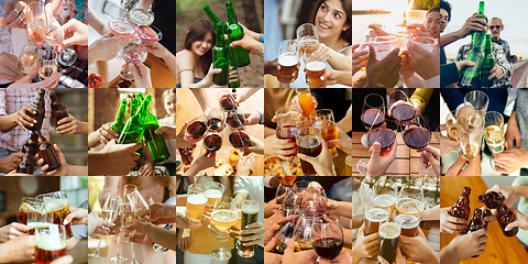 Image showing Collage of hands of young friends, colleagues during beer drinking, having fun, laughting and celebrating together. Collage, design