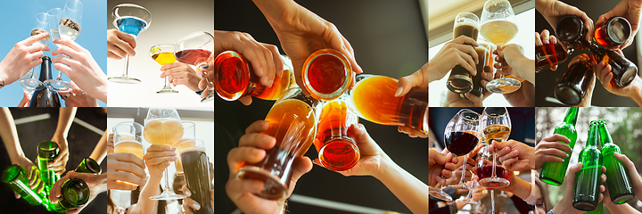 Image showing Collage of hands of young friends, colleagues during beer drinking, having fun, laughting and celebrating together. Collage, design