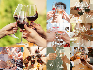 Image showing Collage of hands of young friends, colleagues during beer drinking, having fun, laughting and celebrating together. Collage, design