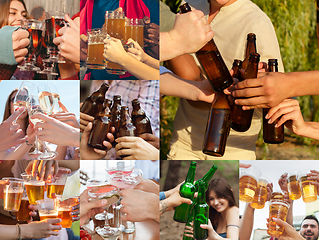 Image showing Collage of hands of young friends, colleagues during beer drinking, having fun, laughting and celebrating together. Collage, design