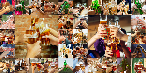 Image showing Collage of hands of young friends, colleagues during beer drinking, having fun, laughting and celebrating together. Collage, design