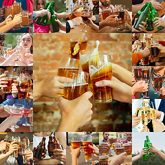 Image showing Collage of hands of young friends, colleagues during beer drinking, having fun, laughting and celebrating together. Collage, design