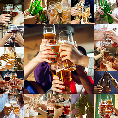 Image showing Collage of hands of young friends, colleagues during beer drinking, having fun, laughting and celebrating together. Collage, design