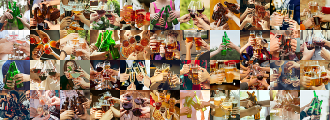 Image showing Collage of hands of young friends, colleagues during beer drinking, having fun, laughting and celebrating together. Collage, design