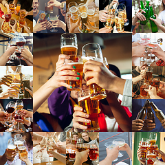 Image showing Collage of hands of young friends, colleagues during beer drinking, having fun, laughting and celebrating together. Collage, design