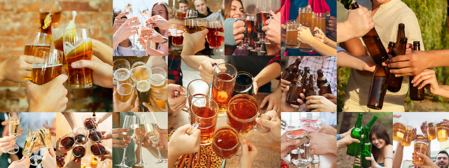 Image showing Collage of hands of young friends, colleagues during beer drinking, having fun, laughting and celebrating together. Collage, design